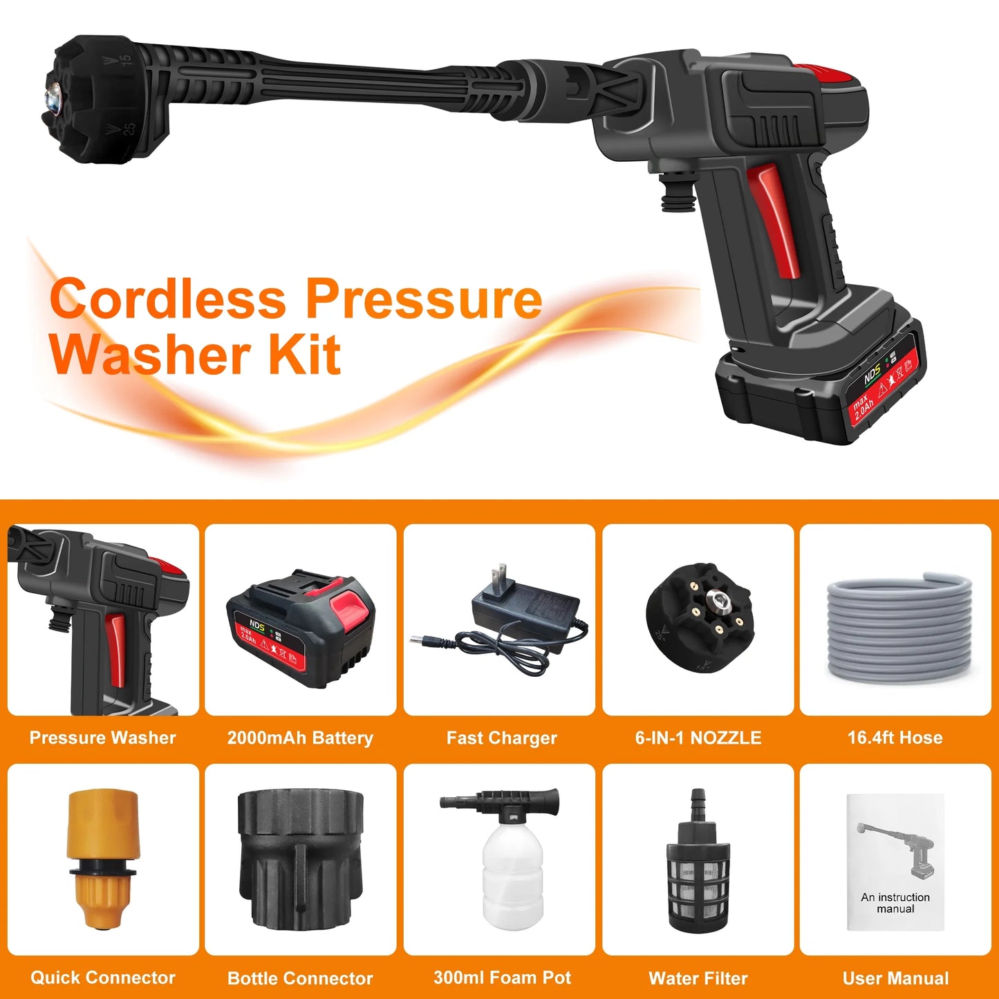 Powerful 970PSI Cordless Pressure Washer - 6-in-1 Nozzle, 2-3 hrs Runtime