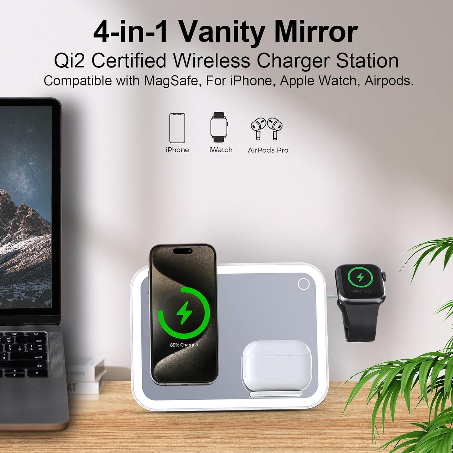 4 in 1 Magsafe-Compatible Charging Stat,15W with Qi2 Certified Wireless Charger,Magnetic Phone Holder & Mirror,Charging Stat for Multiple Devices Apple Watch Airpods, Iphone 16 15 14 13