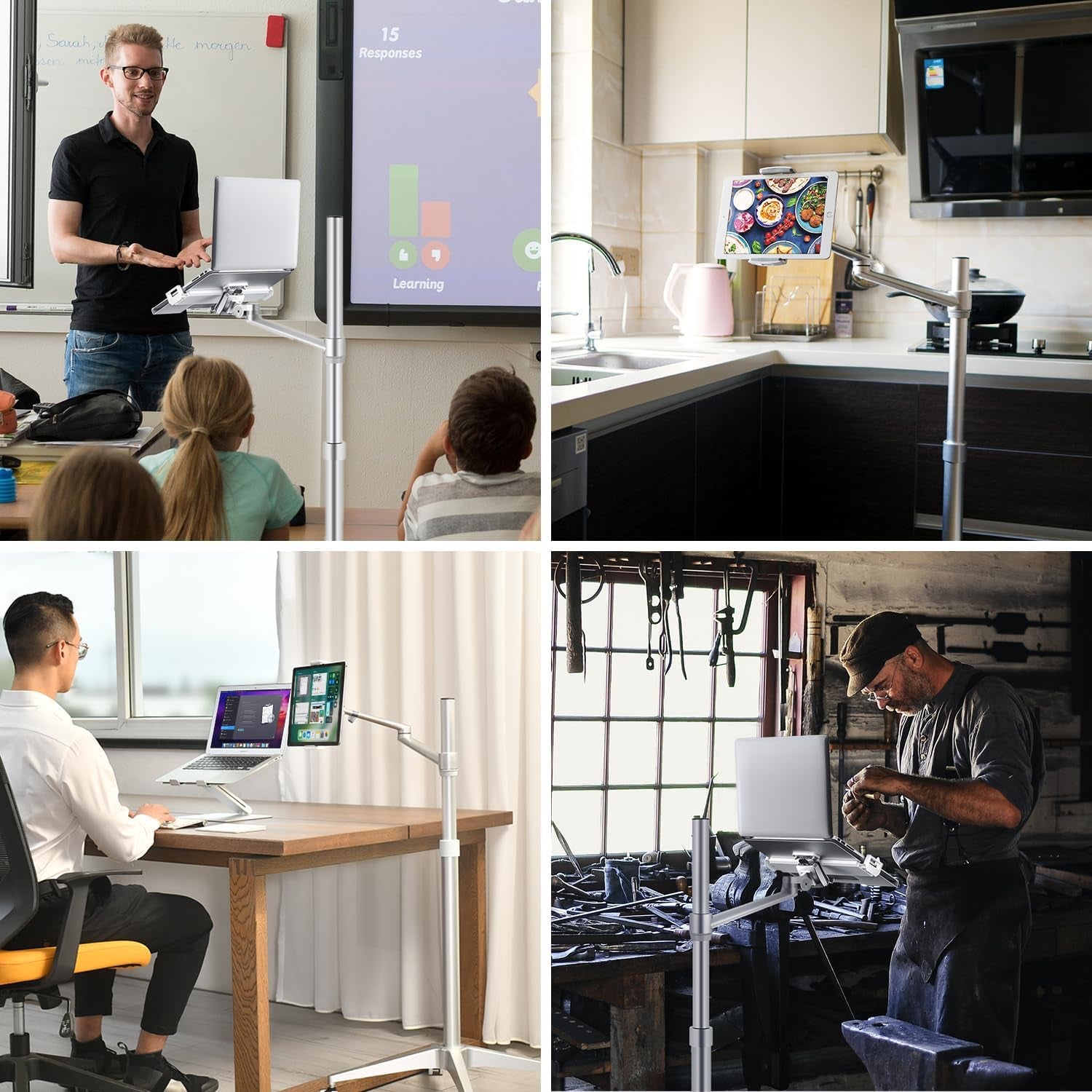 Tablet and Laptop Floor Stand, 2-In-1 Rolling Adjustable Dual Arm, Compatible with 4.5~13'' Phone and Tablet Compatible with Iphone, Ipad Pro, Ipad, Extra Tray Fits 12 to 17'' Laptop/Notebook S