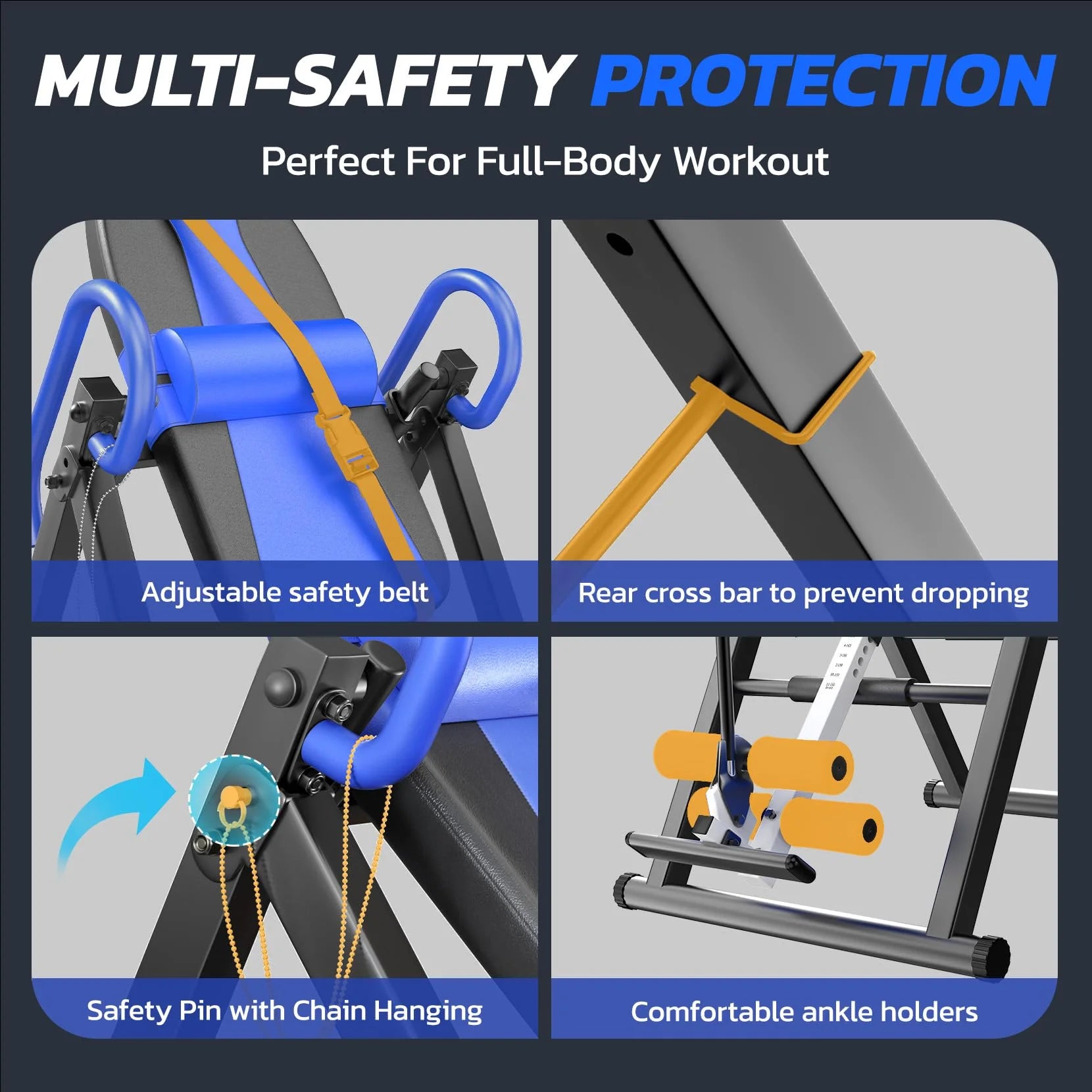 Heavy Duty Inversion Table, 300Lb Capacity Back Therapy Reflexology Heavy Duty Foldable Steel Back Stretcher Machine  Table ,Blue