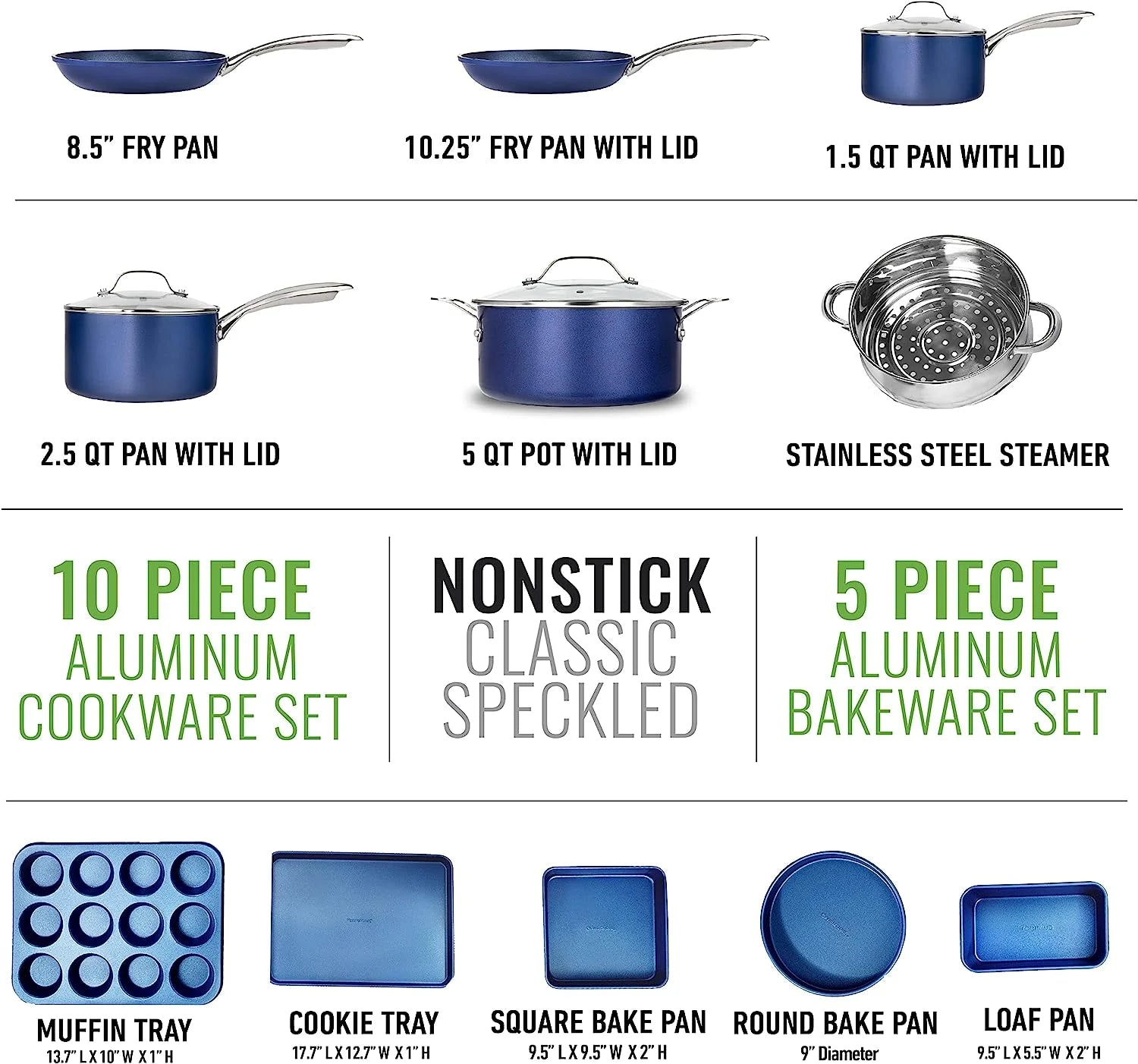 15 Pc Kitchen Pots and Pans Set Non Stick, Pot and Pan Set with Bakeware Set, Nonstick Cookware Set, Diamond Coated Non Stick Bakeware Set, Dishwasher Safe - Blue